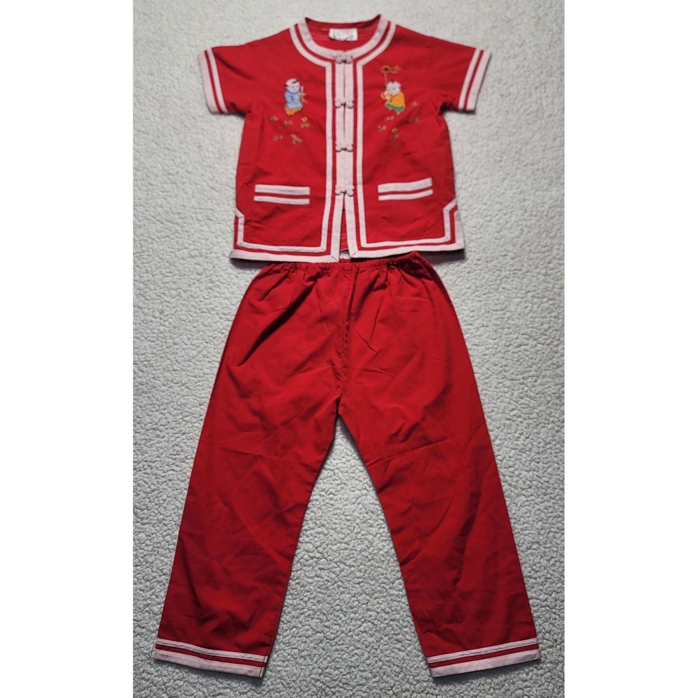 Golden Lion Kids Red Chinese Traditional Embroidered Frog Button Top Pants Set 6